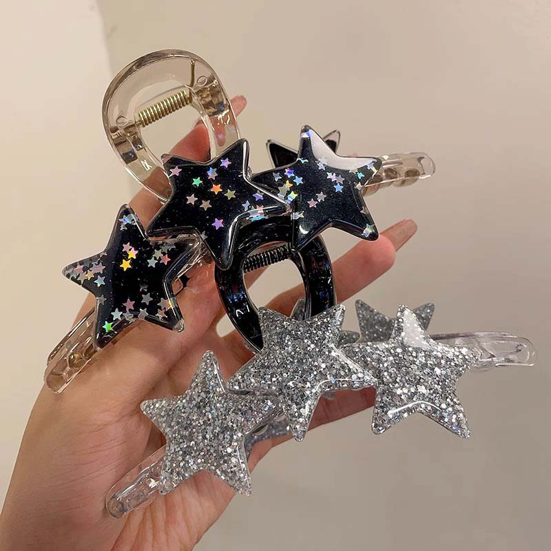 New Y2K Star Hair Claw Clips for Women Girls Shiny Crystal Pentagram Shark Clip Ponytail Hairpin Headwear Hair Accessories