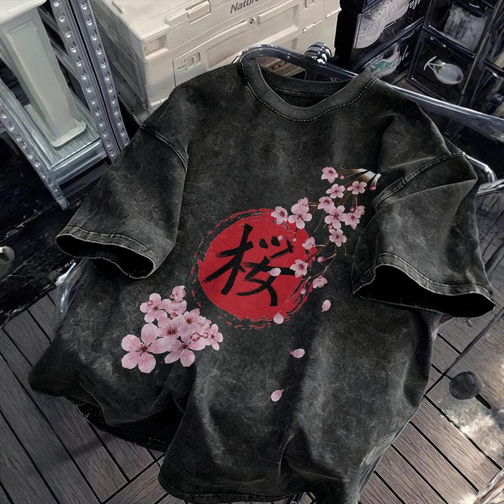 Blühende Sakura und rote Sonne Gewaschenes T-Shirt Herren Y2K Lustige Baumwoll-T-Shirts Sommer Harajuku T-Shirt Custom DIY Große Größen Oberteile