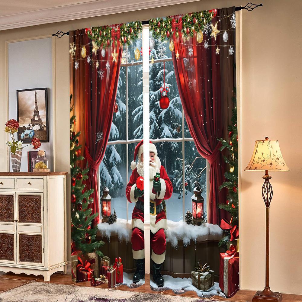 2 Pieces, Santa Claus Christmas Tree Retro Curtains -30% Blackout - Suitable for Living Room, Bedroom, Kitchen, Home Decoration