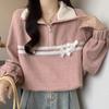 Pink Half Zip Ladies Hoodless Hoodie Loose Turndown Collar Bow Patchwork Design Women's Sweatshirt Autumn Trendy Fashionable Casual Famale Pullovers