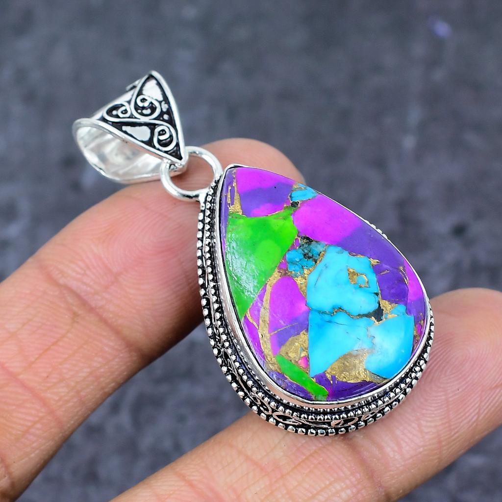 Natural Spiny Oyster Gemstone 925 Sterling Silver Jewelry Pendant 1.97" ET-4785