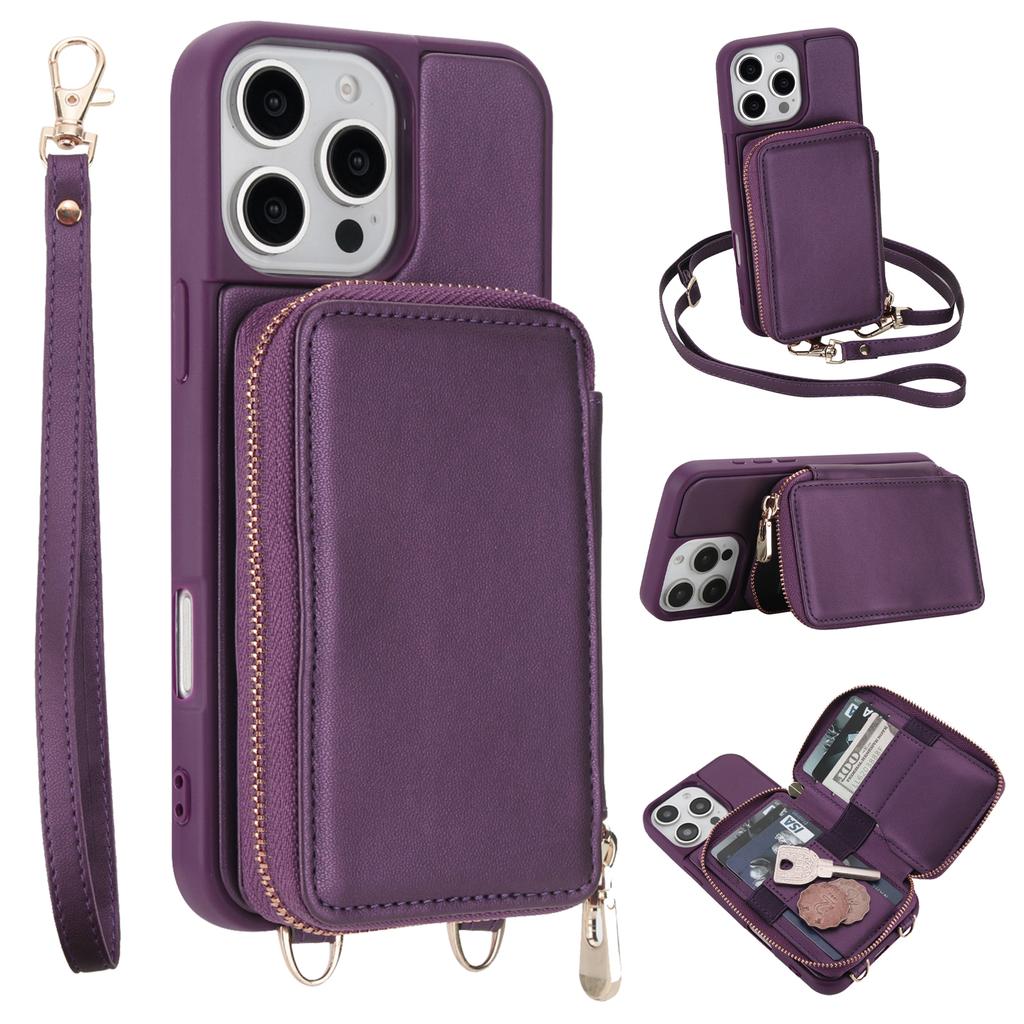 For iPhone 16 Pro Max Case RFID Blocking Zipper Wallet Leather + TPU Phone Cover with Shoulder Strap