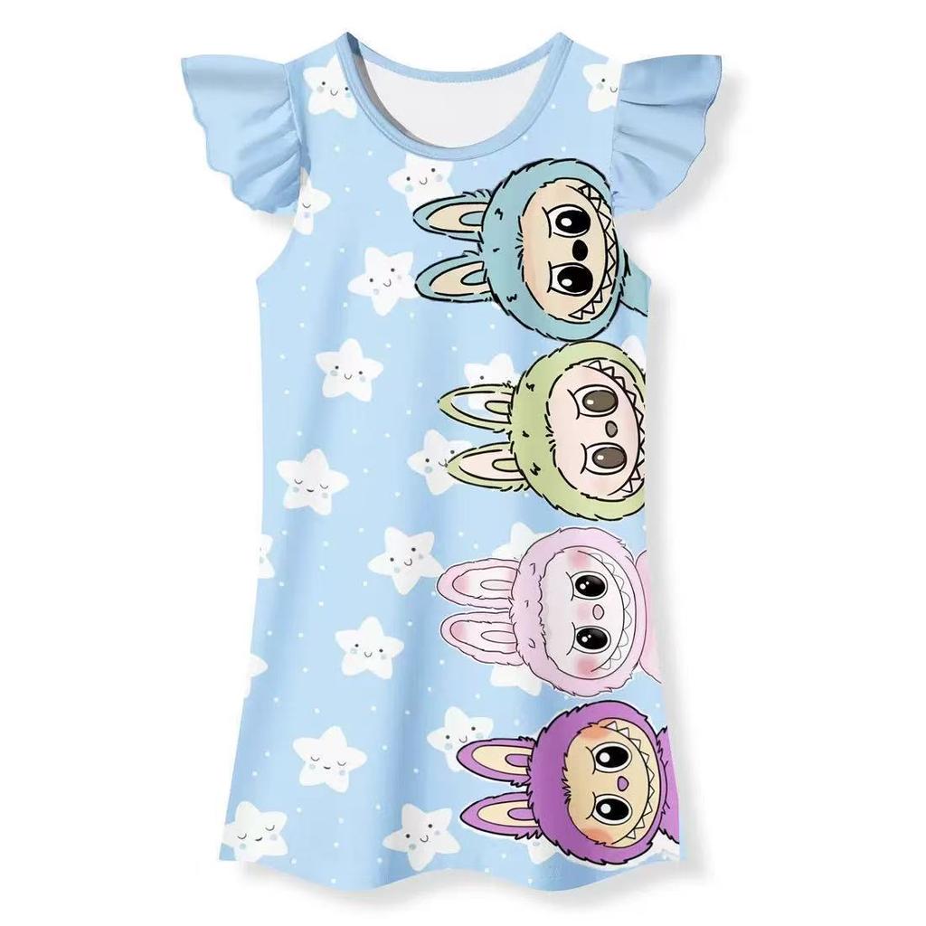 Summer new LABUBU cartoon cute children's nightdress short-sleeved ruffle edge thin digital print