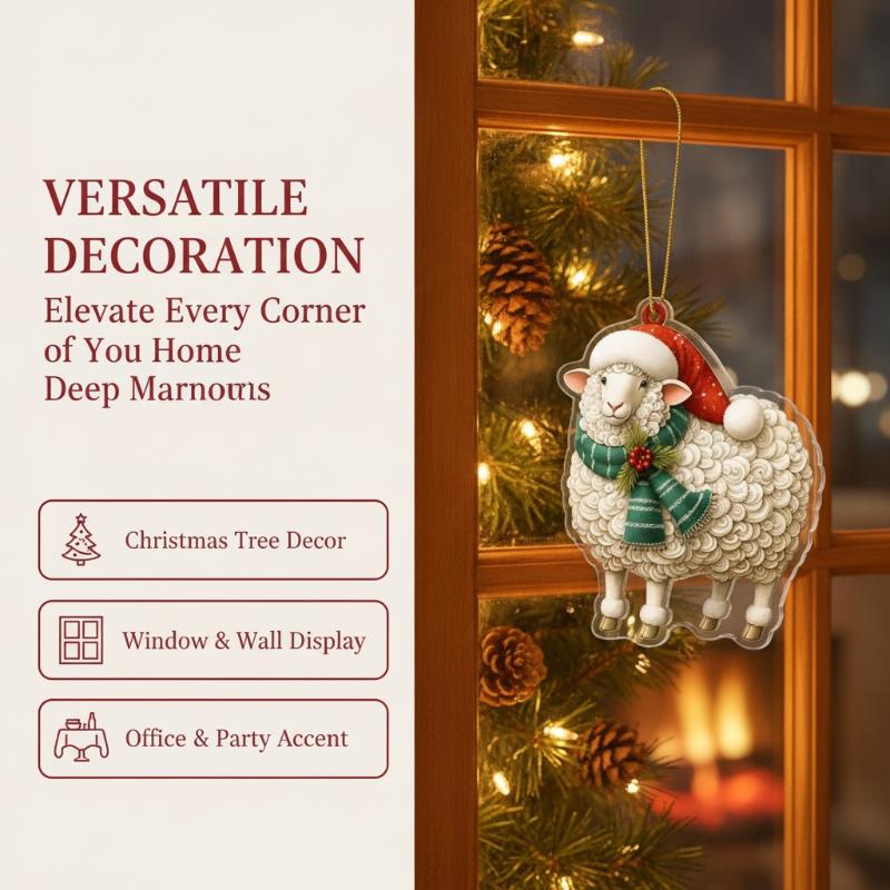 1Pcs Christmas Sheep 2D Acrylic Ornament with Santa Hat Scarf Lovely Xmas Tree Hanging Pendant for Winter Holiday Home Decor