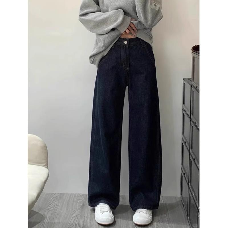 

Весна 2025 Джинсы с высокой посадкой темно-синего цвета прямого кроя для женщин - Приталенный крой для фигуры типа груша , полных ног и широких бедер XL темно-синий