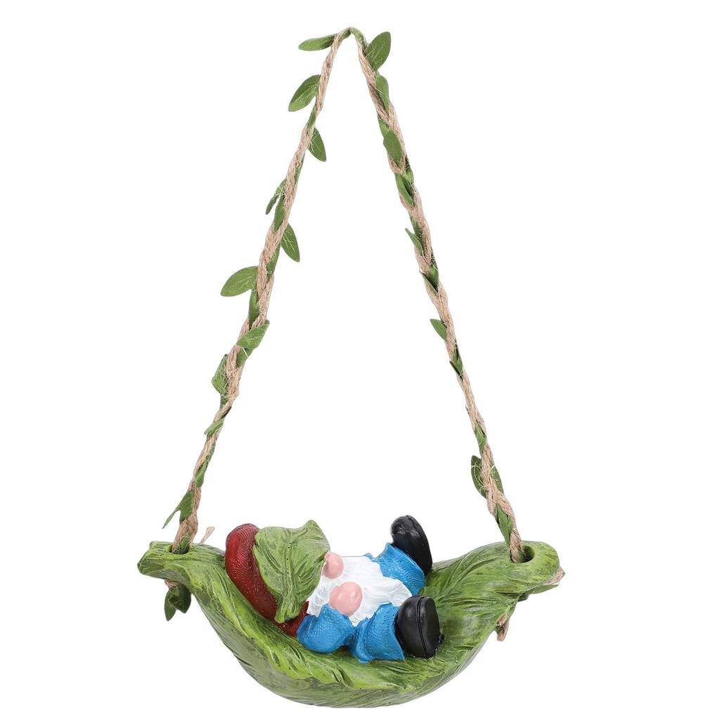 Garden Gnome On Leaf Hammock Statue Cute Resin Swinging Outdoor Yard Decor Fairy Garden Ornament