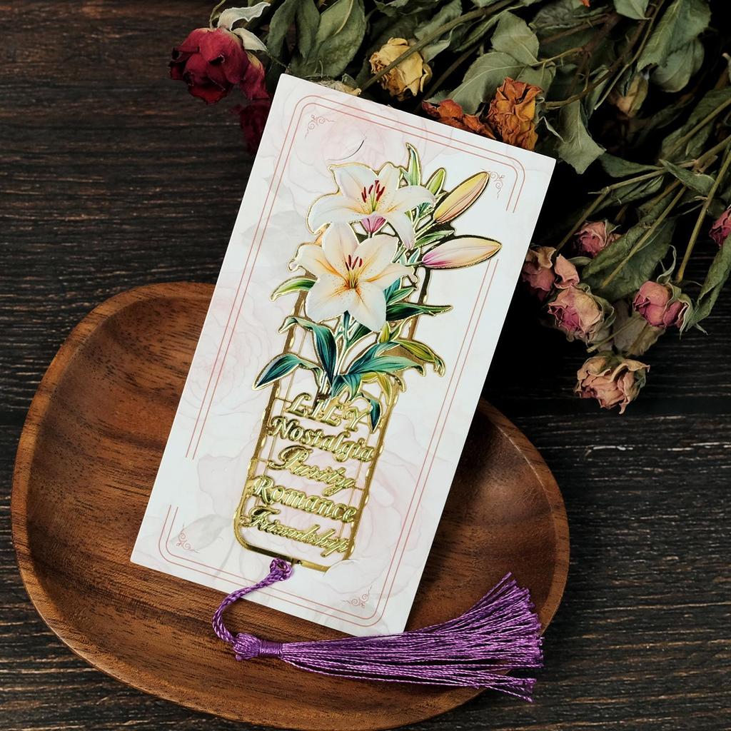 Elegant Floral Tassel Metal Bookmark: Rose, Sunflower, Tulip, Lily Design