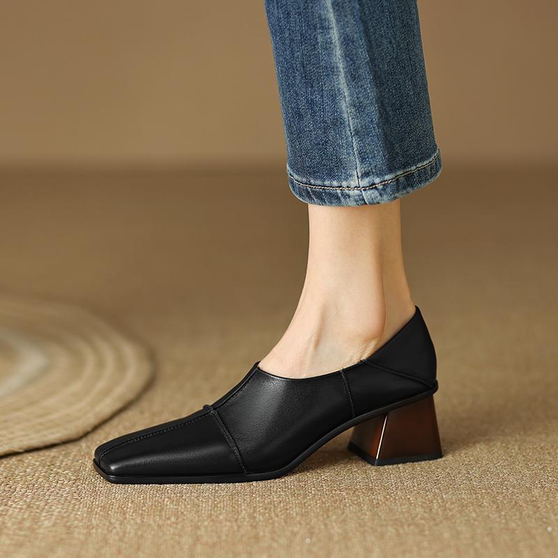 Fashion 2024 Spring/Autumn Women Shoes Square Toe High Heels Leather Chunky Heel Women Pumps Retro Slip on Black Shoes for Women