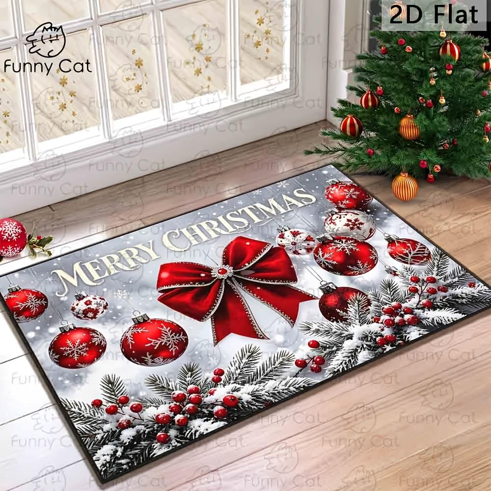 1pc, Christmas Doormat, Merry Christmas Large Red Bow Shiny Xmas Ball Ornaments Snowflake Pine Branch Red Berry Snow Covered Winter Scene Decorative F