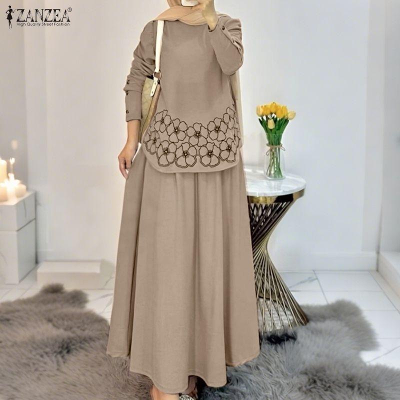 ZANZEA Women Long Sleeve Print Blouse and Long Skirts Muslim Two Piece Suit Sets