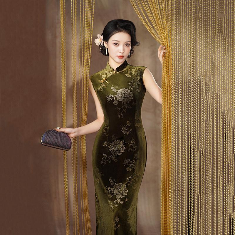 Green velvet sleeveless new Chinese Suzhou autumn cheongsam improved young 1011 new women's high-end spring and autumn