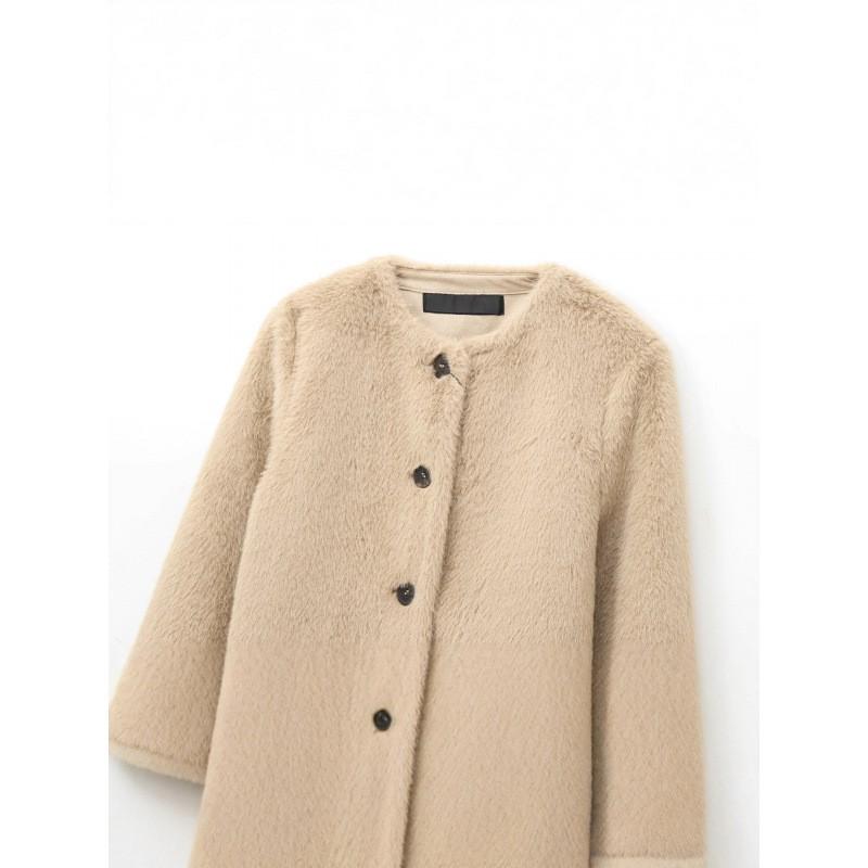 Womens Faux Fur Short Jacket Street Style Round Neck Long Sleeve Outerwear