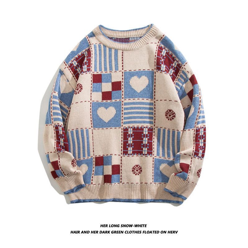 Japanischer Retro-Pullover mit Rundhalsausschnitt und Karomuster in Herzform für Männer und Frauen, locker sitzender Strickpullover für Studenten, trendige Marke, Paar im Lazy-Style