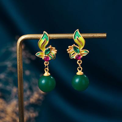 Chinese Style Classical And Simple Natural Jasper Round Bead  Earrings For Women  Enamel Crystal Flower Ear Studs Jewelry