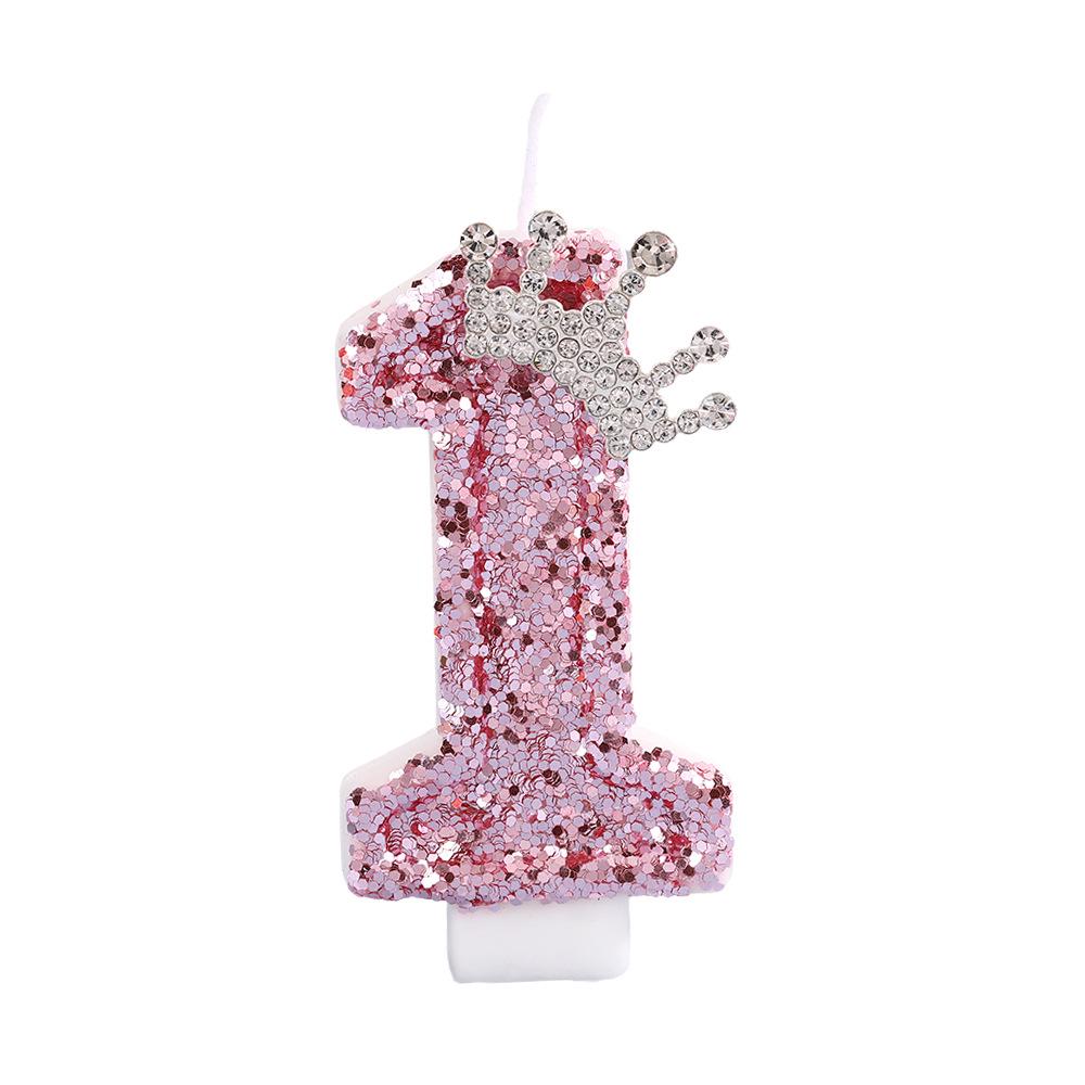 High-End Pink Glitter Crown Number Candle for First Birthday Cake Decoration