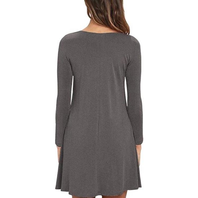 Pure Color Fall Spring Long Sleeve Mini Dress Round Neck A-line Loose Big Hem Pockets
