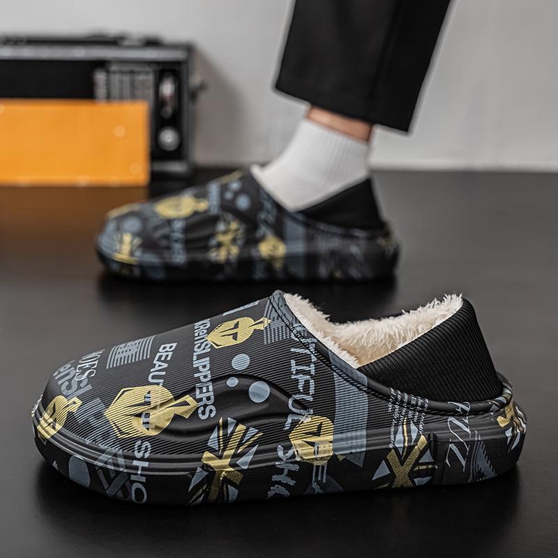 Men's Winter Waterproof Fleece-Lined Cotton Slippers - Plus Size, Dual-Use, Wrap-Heel, Half-Slippers for Outdoor & Home Use