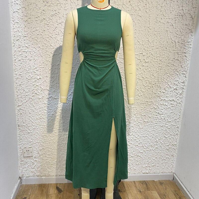 O-Neck Cut Out Waist Sexy Dress 2023 Women Wrap Hip Summer Sleeveless Midi Y2k Dresses A-line Split Party Casual Vestidos 26230
