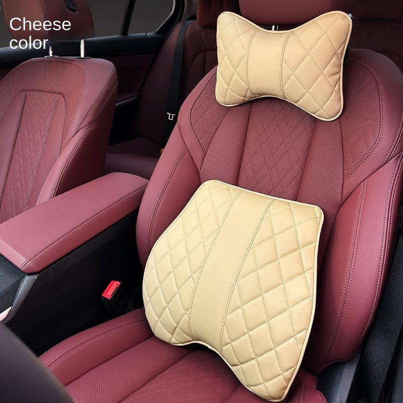 2pcs Car Lumbar Pillow Neck Set Memory Cotton Leather Auto Neck Protector Waist Back Cushion Universal Seat Headrest Pillow Red