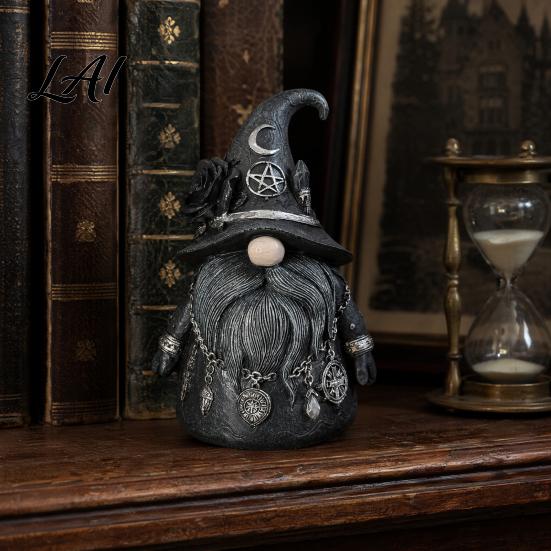 Faceless Gnome Statue Wizard Hat Figurine Mystical Home Decor with Crescent Pentagram Black Rose Mysterious Atmosphere Rune Pendant Vintage Desktop