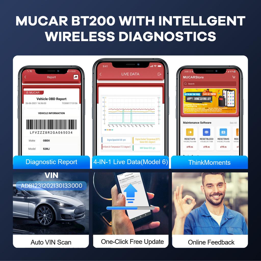 MUCAR BT200 BT200 PRO Auto-Scan-Tool OBD2 Diagnose-Tool Vollsystem-Diagnose-Scanner für alle Autos 15 Reset-Code-Leser