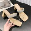 Feel slippers summer rhinestone cover toe middle heel one word sandals fashion square head thick heel high heels