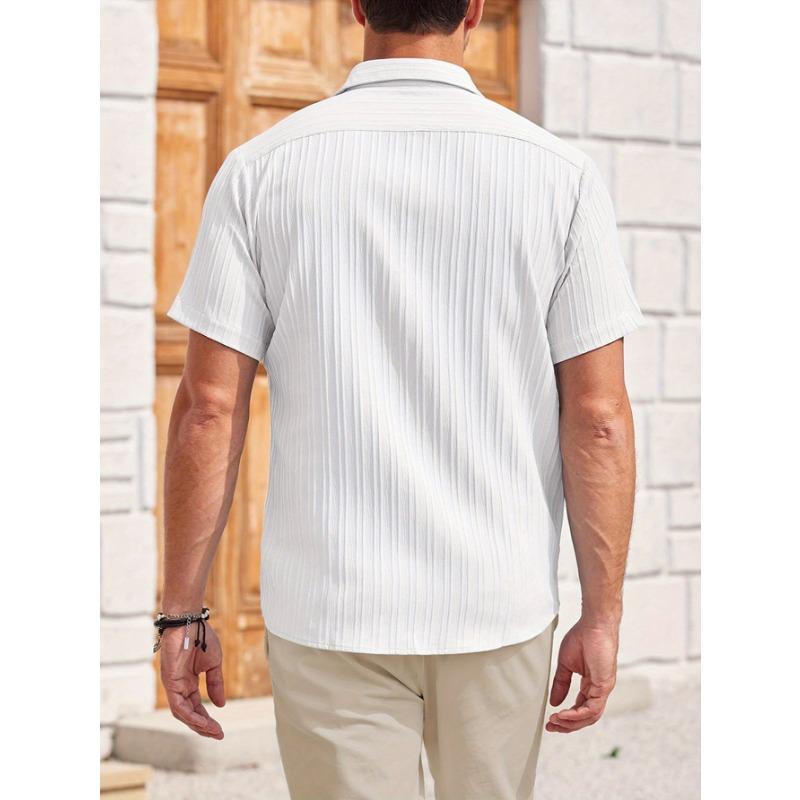1pc Men's Casual Striped Shirt Tie Button Short Sleeve Shirt Summer Hawaii Shirt