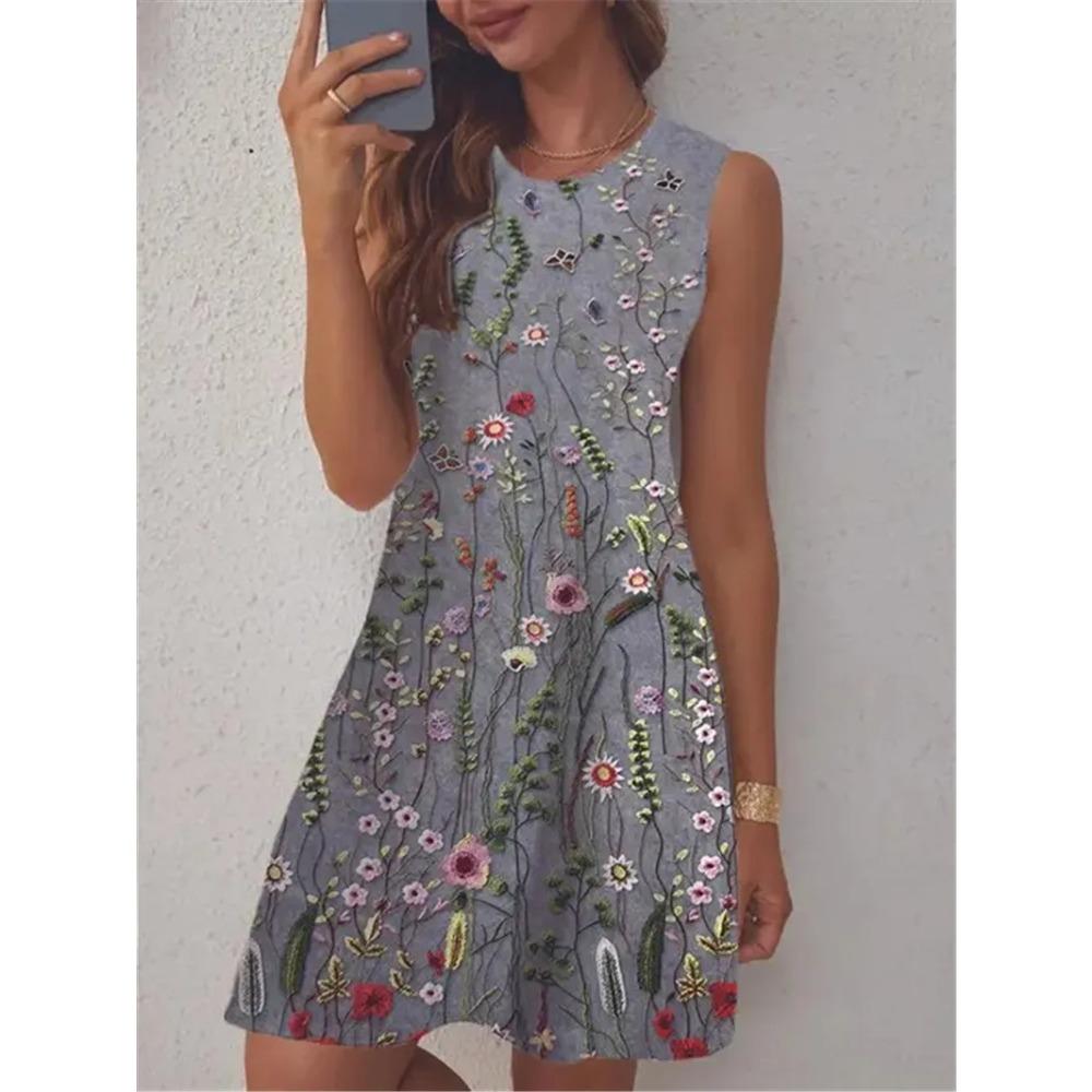 Floral Pattern Women Trend Mini Dresses Summer Sleeveless 3d Printed Street Ladies Dress Casual Loose Oversized Dress