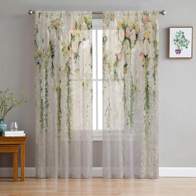 Cortinas transparentes com flores de casamento, rosas, sala de estar, janela, cortinas de tule para quarto, cozinha, decoração de casa, cortinas de voile