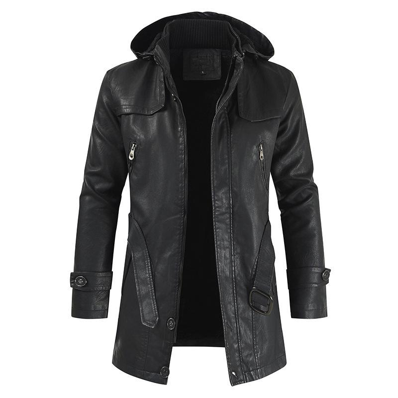 Coat Windproof Clothes Men's Hooded Long Leather Coat Men's Leather Motorcycle Leather Fashion Winter Korean Fashion Jacket