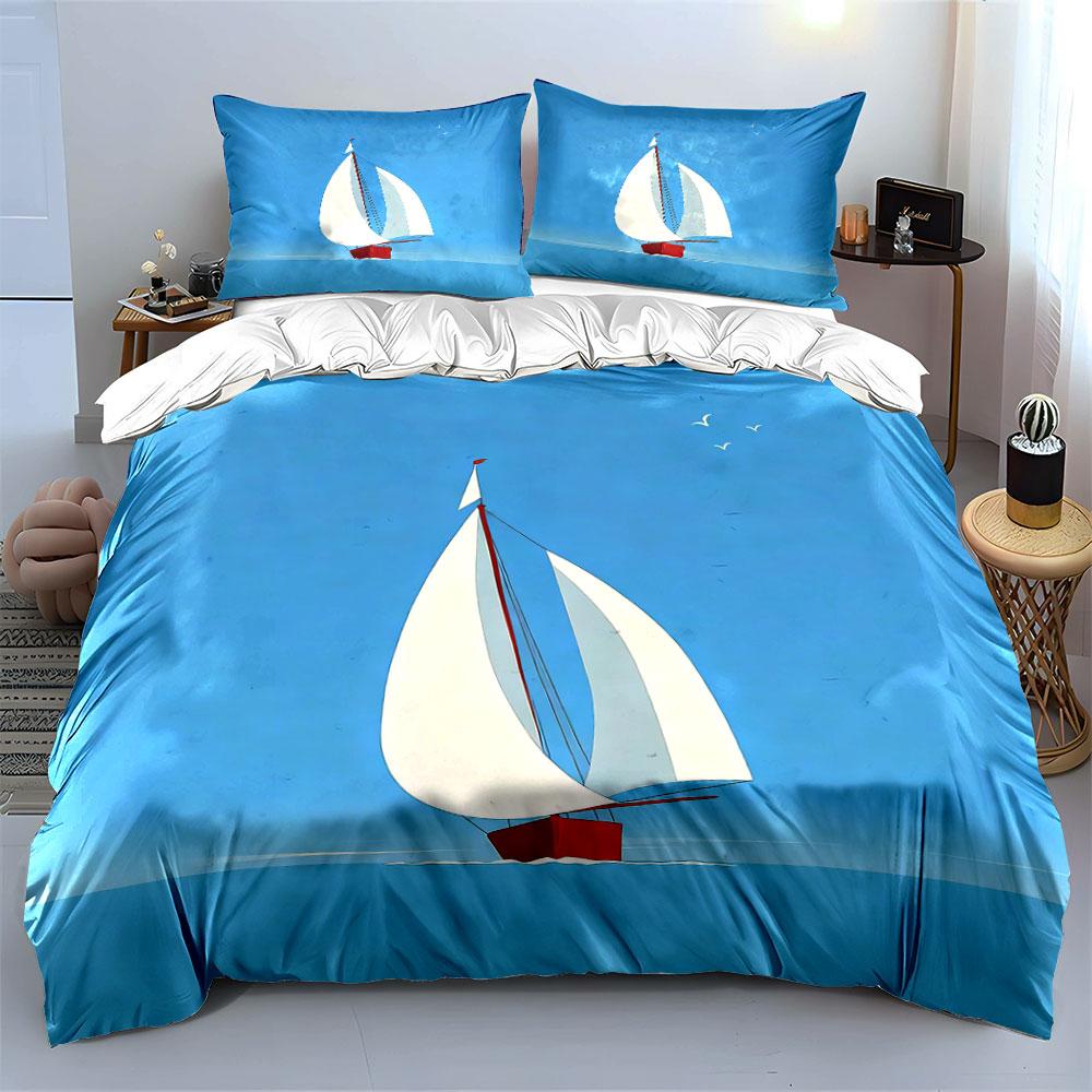 Sailboat Decor Set - Nautical Theme Soft Comfortable Duvet Cover Bedding Set Included 1*Duvet Cover & 2*Pillowcases, Gift