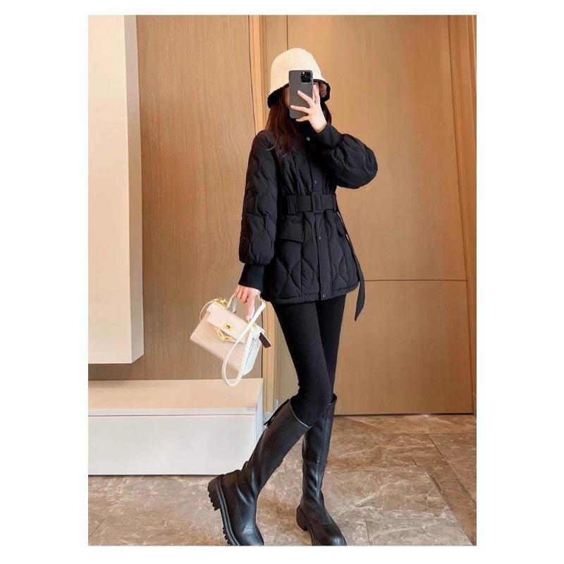 Winter Warm Quilted Down Cotton Coat Women Thickened Slim Fit Waist Belted Fashion Jacket