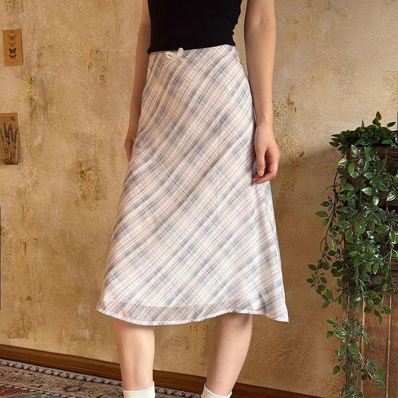 

Women s Asymmetric Neck Long Sleeve Top & Plaid A-Line Midi Skirt Set S бежевый