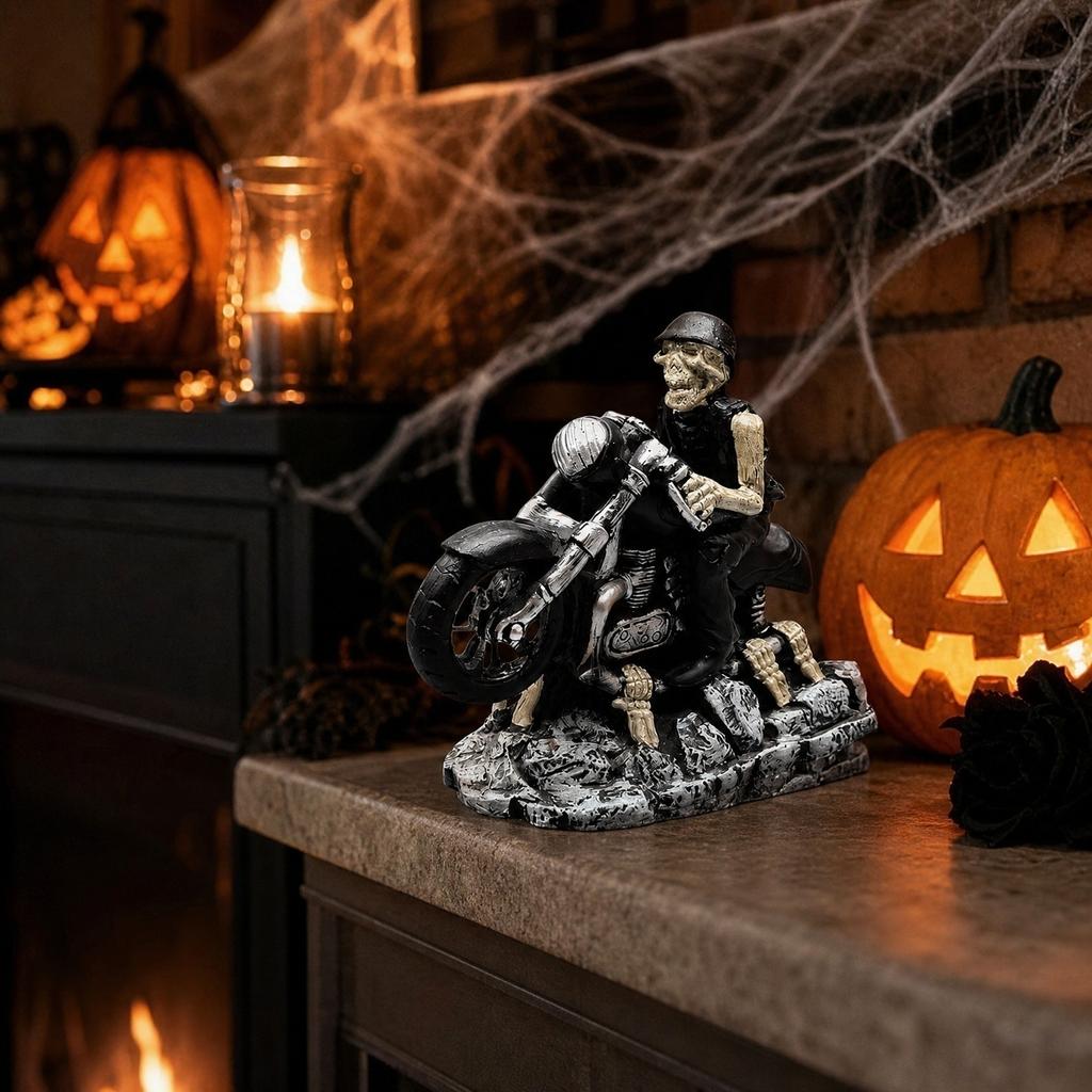 Creative Skeleton Figurine Halloween Party Skull Desktop Ornament Decorative Craftwork Motorcycle Rider Design for Home Office Display
