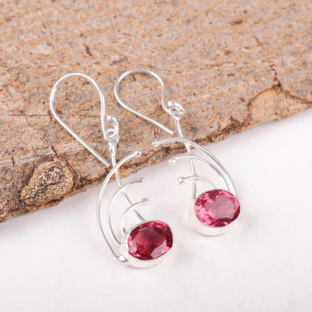 Pink Tourmaline 925 Solid Sterling Silver Earrings, Handmade Birthstone Gemstone Jewelry Earrings, For Memorial Day