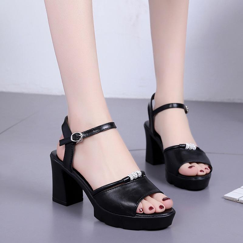 Summer new rhinestone high heel one-word buckle high thick heel women's sandals beaded fish mouth fashion shoes