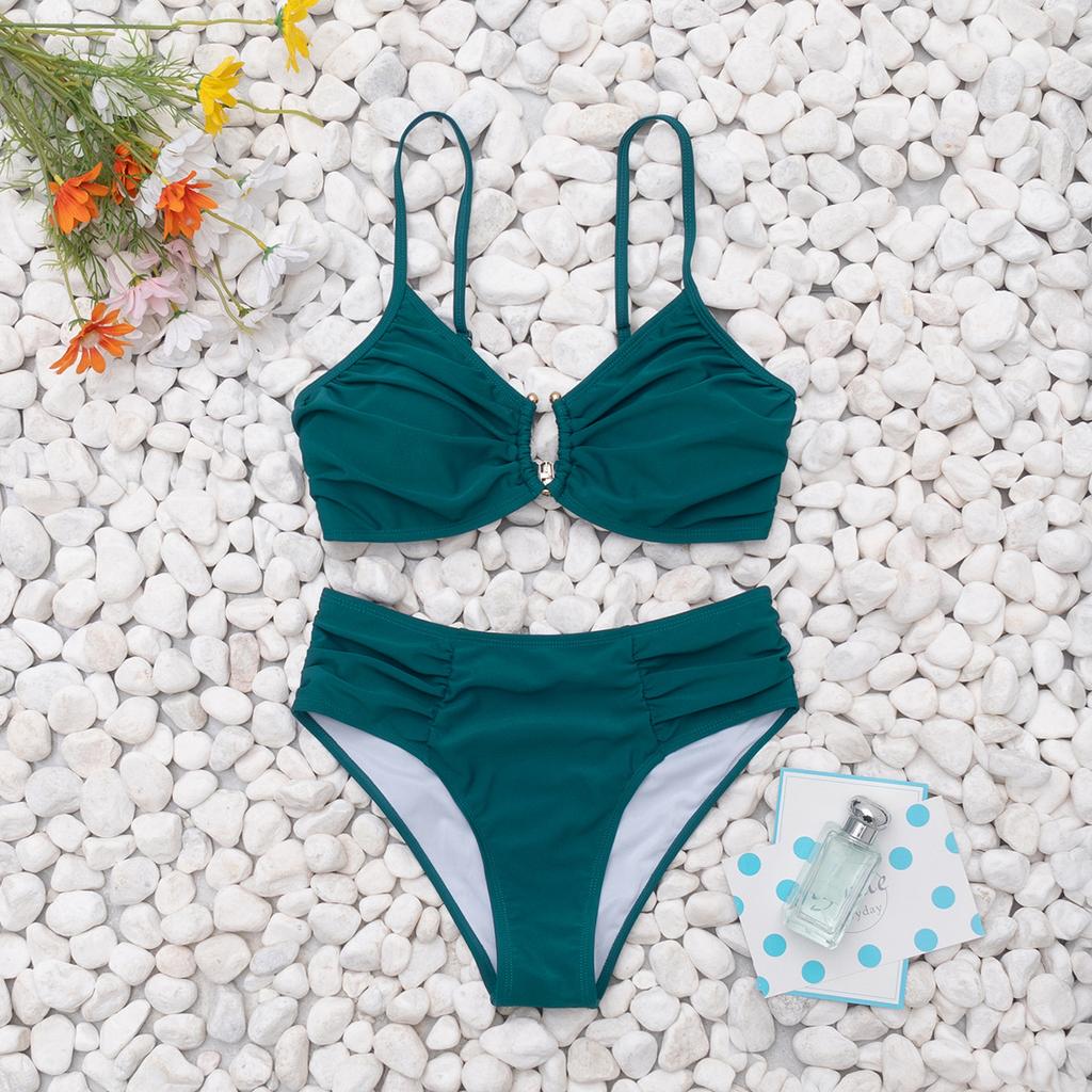 Solid Ruched High Waist Sexy Bikini Set Elegant Slimming Two Piece Swimwear