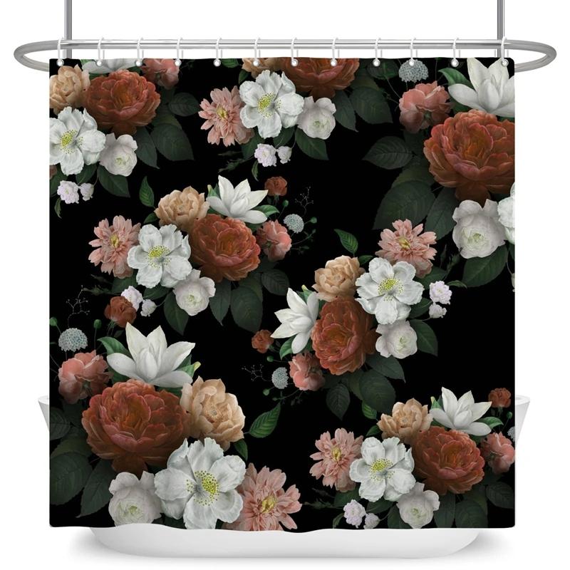 Elegant Flowers Shower Curtain Colorful Floral Shower Curtain Waterproof Polyester Bathroom Curtains Bathtub Decor with 12 Hooks