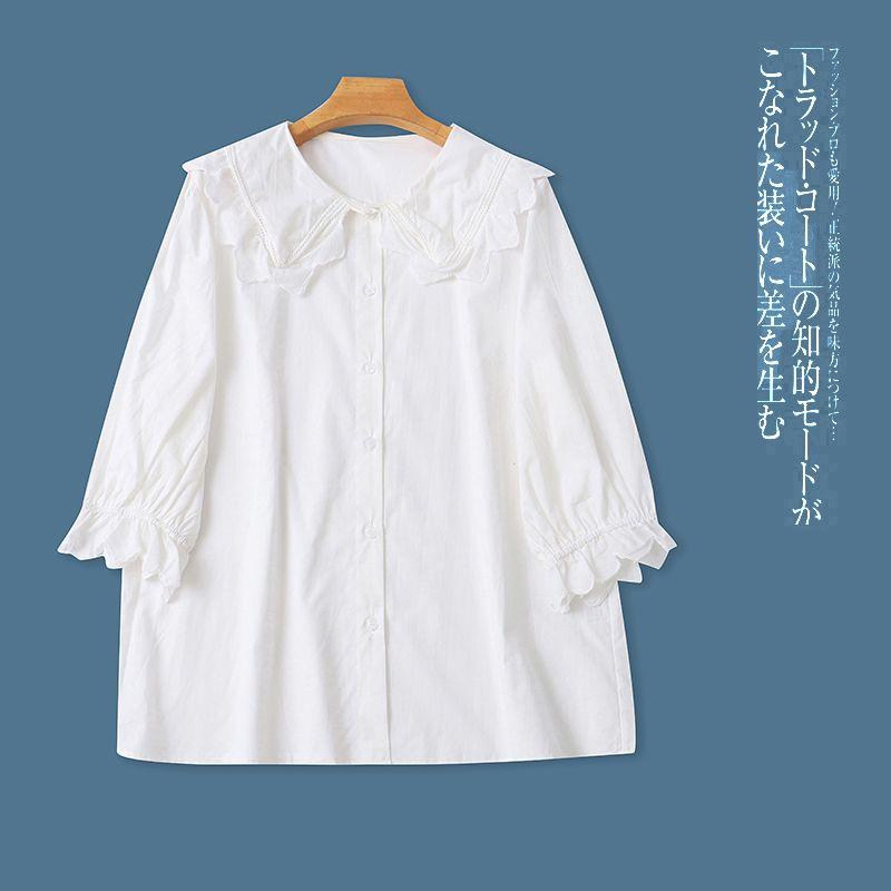 

All-Cotton Edge Shirt Summer Autumn New Style Foreign Trade Women s Clothing Large Lapel Single-Breasted Bubble 3/4 Sleeve Shirt 31500 Rice White A- 8-11-5 One size