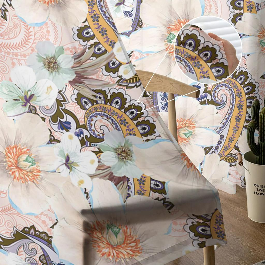 Vintage Flower Leaves Retro Bedroom Transparent Sheer Curtains Holiday Decoration Window Voile Tulle Curtain