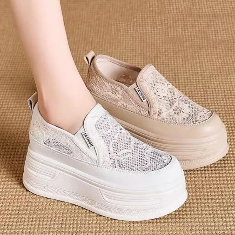 Flores de Renda Tênis Plataforma Feminino Sapatos de Salto Alto Aumento de Altura Malha Respirável Sapatos Casuais Lona