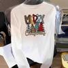 (Asian Size) 90s Letter Style Cute Print T Shirt Graphic Tee Women Merry Christmas New Year Casual Fashion Top O-neck Clothing Long Sleeve T-shirts