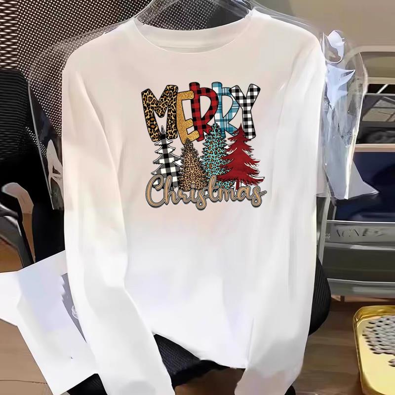 (Asian Size) holiday trend Print T Shirt Graphic Tee Women merry Christmas new year Casual Fashion Top o-neck Clothing Long Sleeve T-shirts
