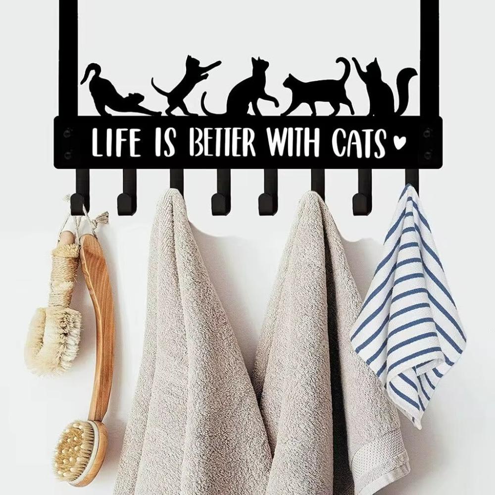 Black Cat Over The Door Hooks Hanger, 8 Hooks Decor Towel Coat Rack Organizer coat rack wall mount towel rack wall mounted