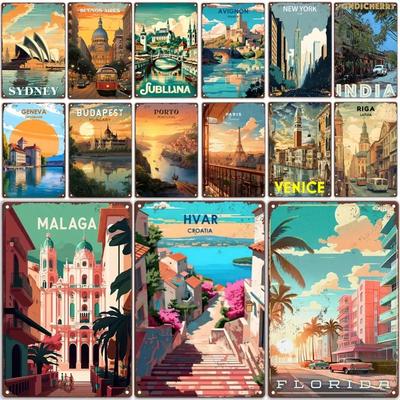 Vintage Travel Round The World Metal Sign MALAGA CROATIA FLORIDA Retro Poster Home Bar Room Pub Cafe Hotel Club Wall Decor Gi