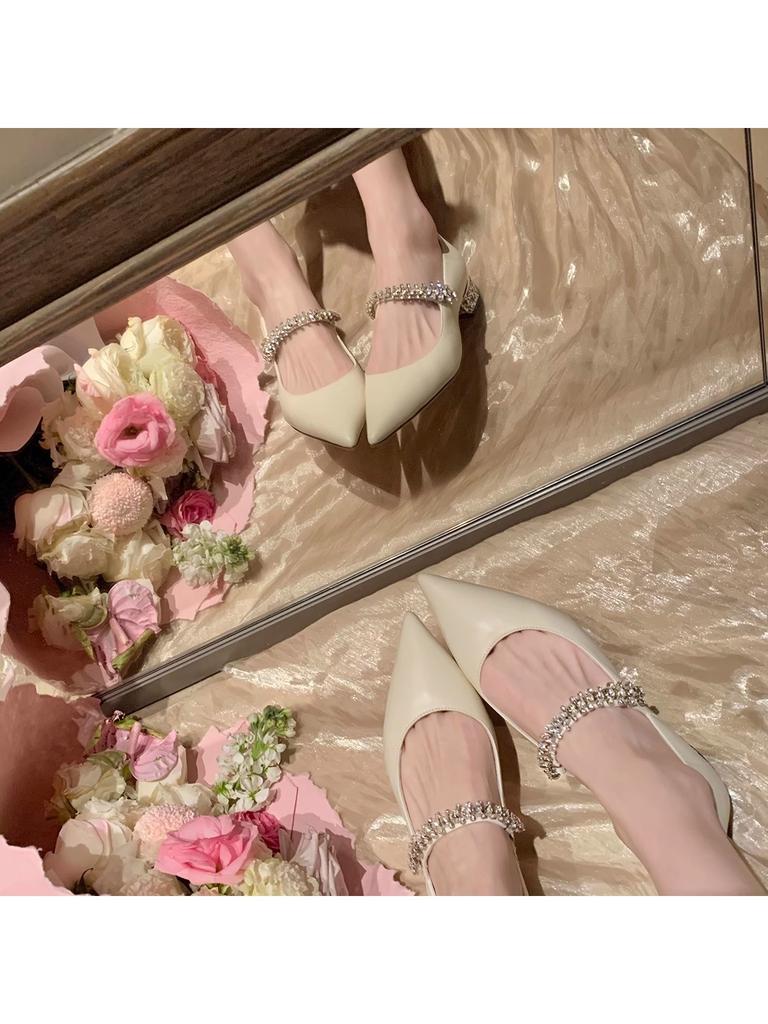 Sheepskin version~ Grape mother, the same elegant small pointed sparkling diamond with versatile leopard print light mouth Mary Jane single shoes wom