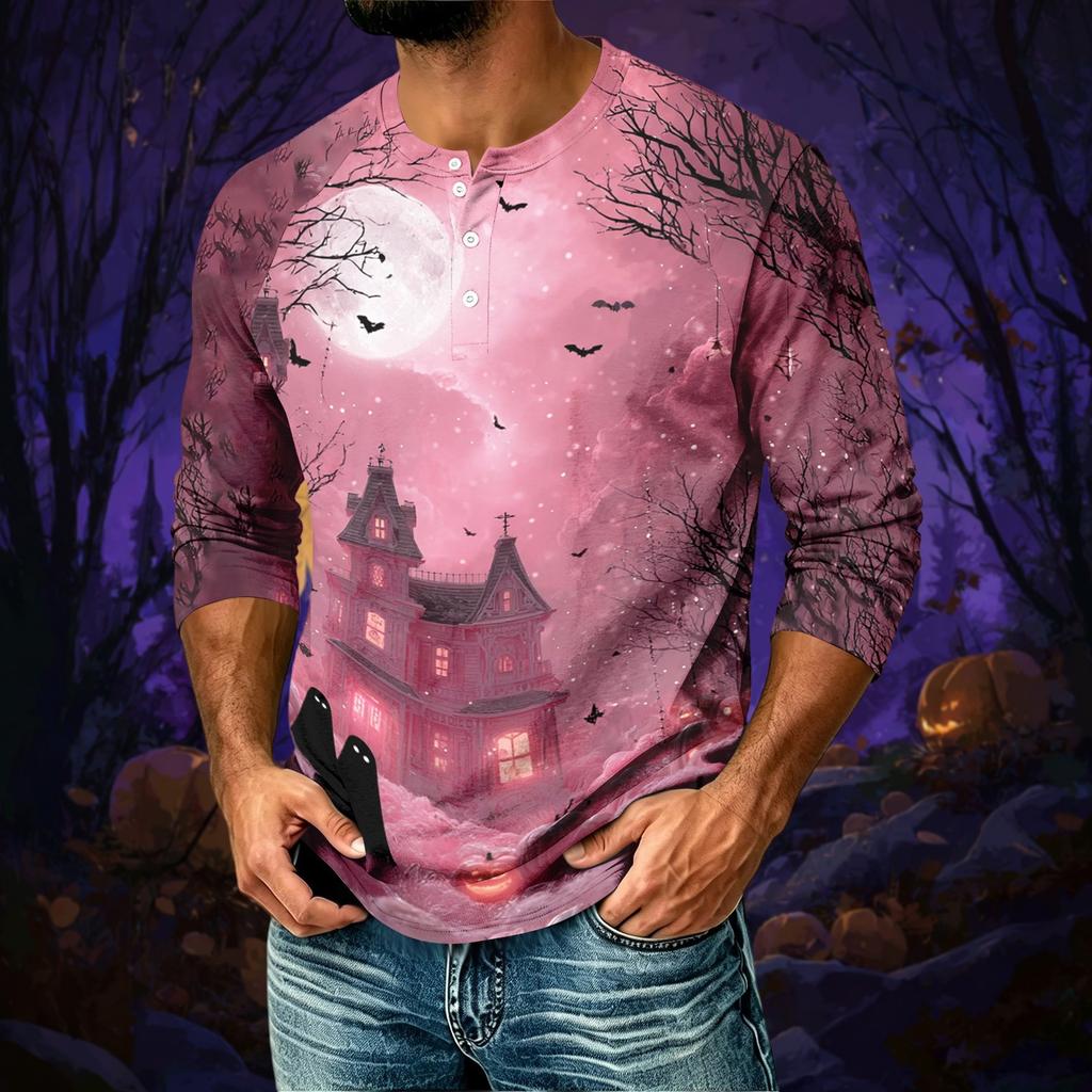 Men's Casual Halloween Print Raglan Three-Quarter Sleeve Shirt