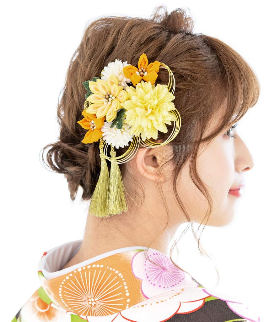 SOUBIEN Hair Ornament for Graduation and Ping Pong Made in Japan Coming-of-Age Ceremonies, 2-Piece Tsumami-Zaiku Set, Yellow, Chrysanthemum, Mums,