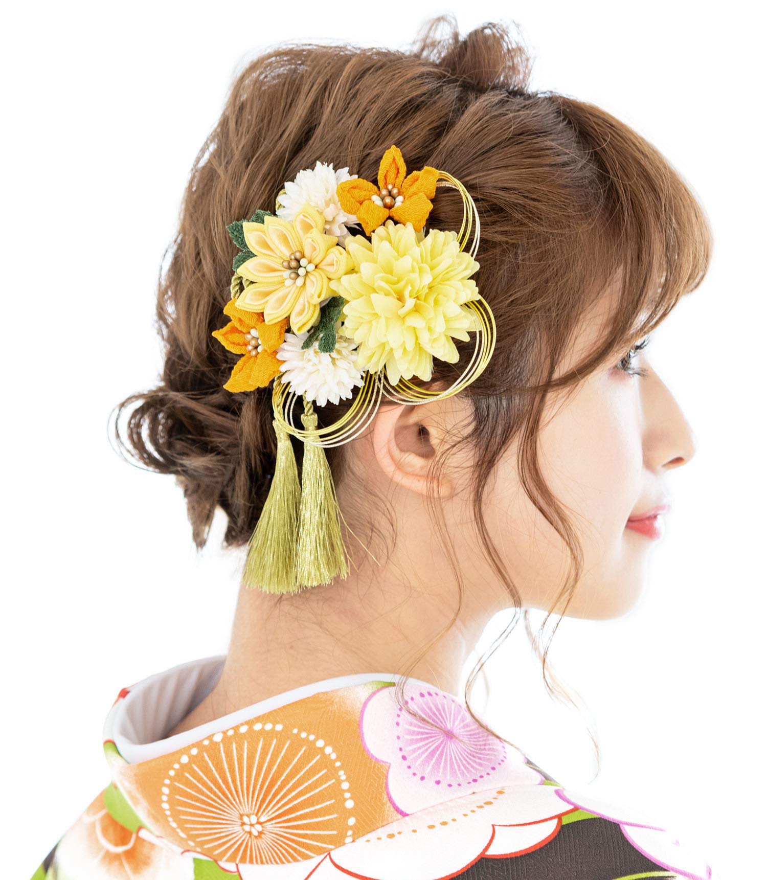 

SOUBIEN Hair Ornament for Graduation and Ping Pong Made in Japan Coming-of-Age Ceremonies, 2-Piece Tsumami-Zaiku Set, Yellow, Chrysanthemum, Mums,