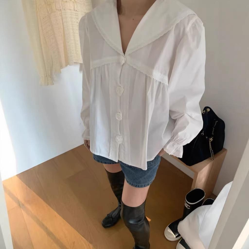 

Шикарная корейская рубашка с лацканами, однотонная, с длинным рукавом, для женщин - Мода Весна/Осень 2026 One Size белый